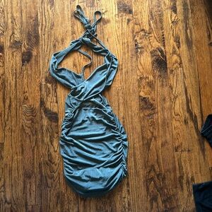 American threads teal cross body dress with ruched material